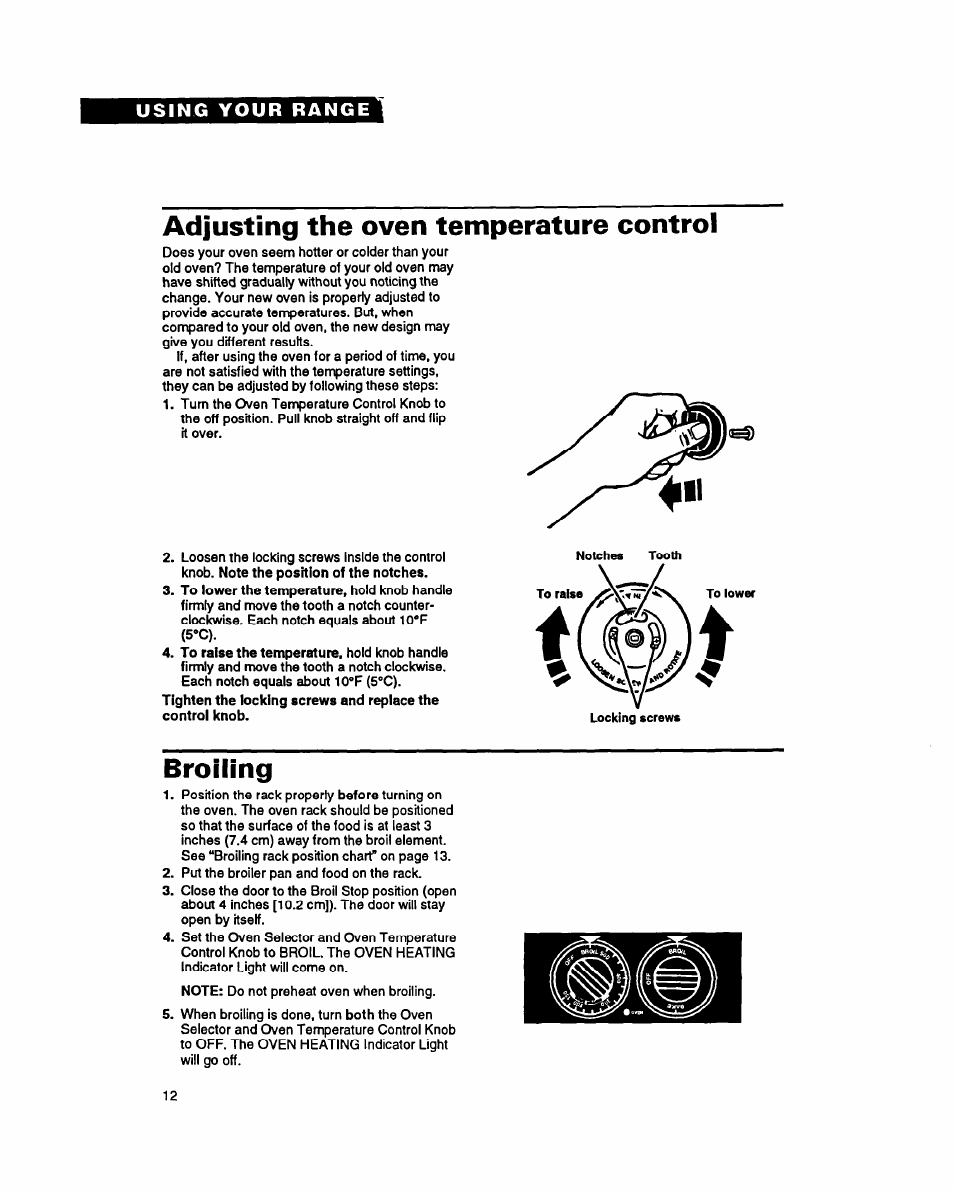 Adjusting the oven temperature control, Broiling | Whirlpool FEP320Y User Manual | Page 12 / 28