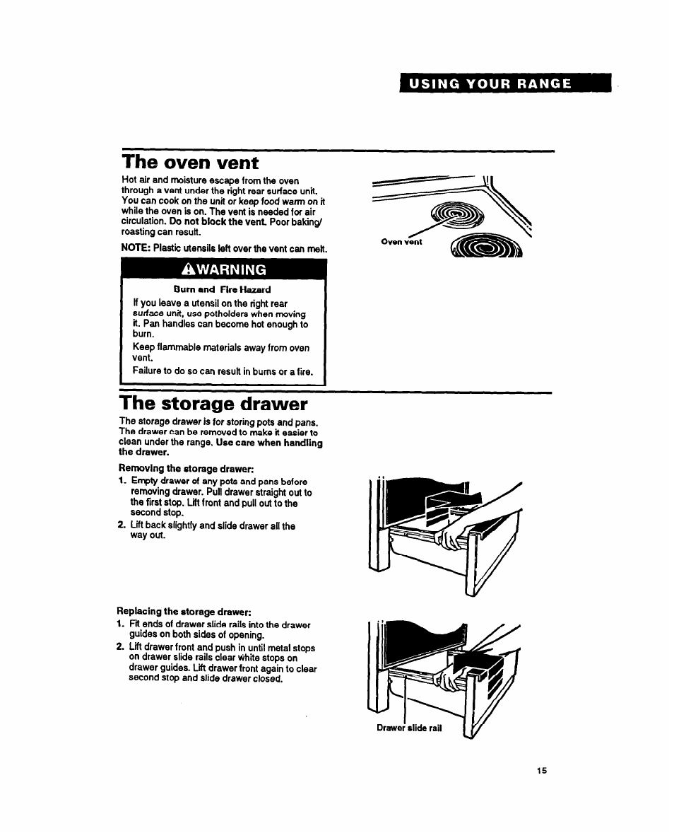 The oven vent, The storage drawer, Warning | Whirlpool FEP320Y User Manual | Page 15 / 28