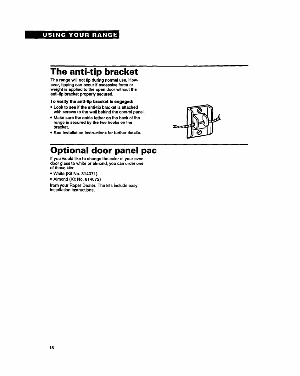 The anti-tip bracket, Optional door panel рас | Whirlpool FEP320Y User Manual | Page 16 / 28