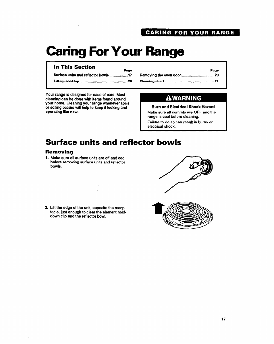 Caring for your range, Surface units and reflector bowls | Whirlpool FEP320Y User Manual | Page 17 / 28