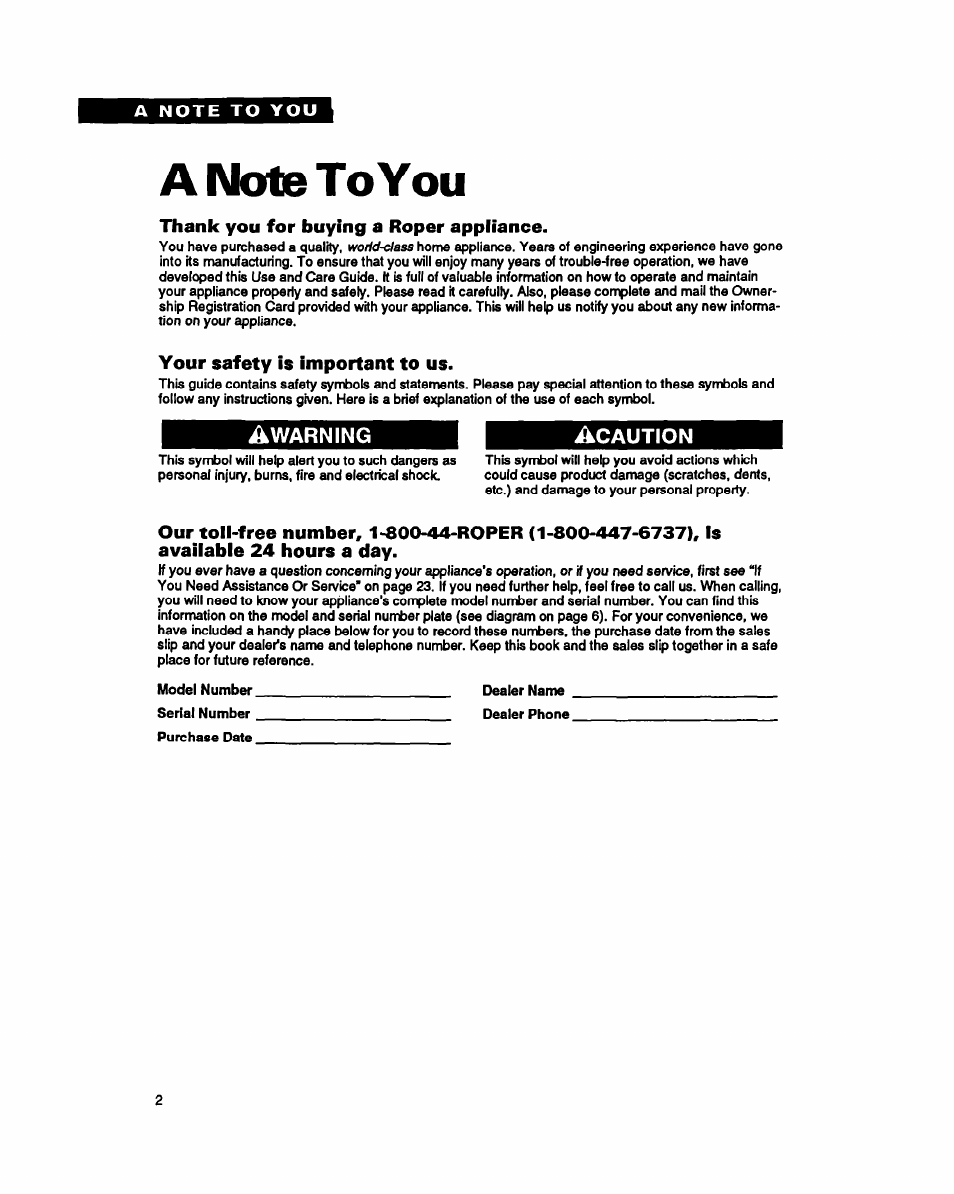 Aimotetoyou, Thank you for buying a roper appliance, Your safety is important to us | Warning | Whirlpool FEP320Y User Manual | Page 2 / 28