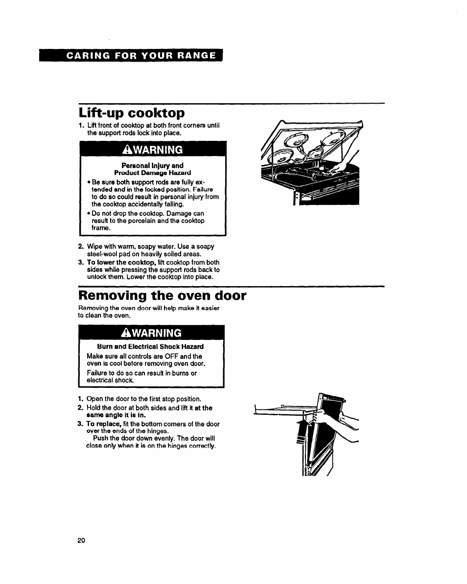 Lift-up cooktop, Removing the oven door, Warning | Whirlpool FEP320Y User Manual | Page 20 / 28