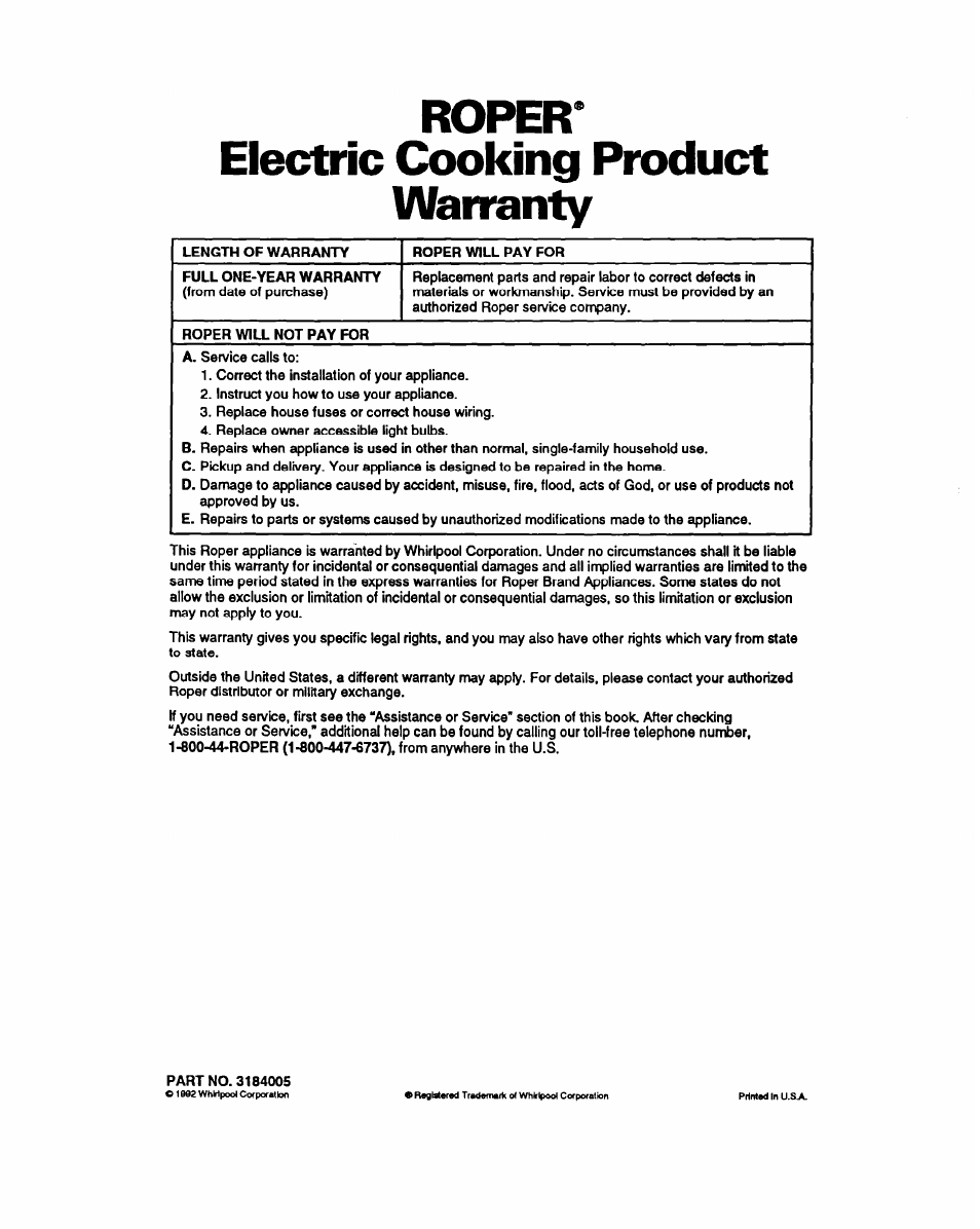 Roper, Electric cooking product, Warranty | Roper* electric cooking product warranty | Whirlpool FEP320Y User Manual | Page 28 / 28