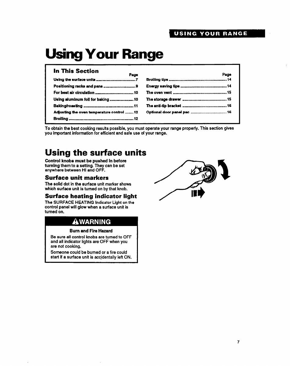 Using your range, Using the surface units, Surface unit markers | Surface heating indicator light, Warning | Whirlpool FEP320Y User Manual | Page 7 / 28