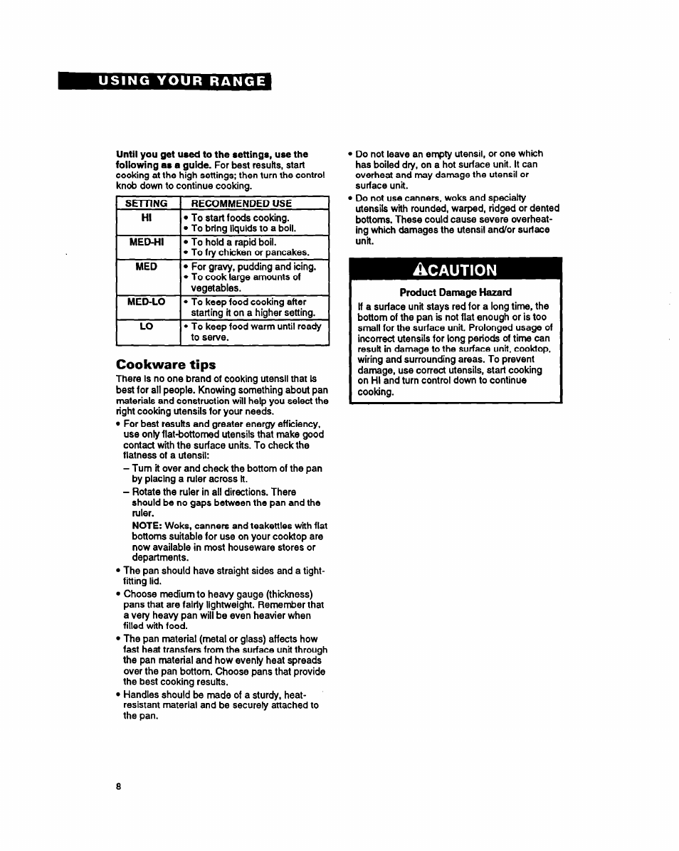 Cookware tips, Acaution | Whirlpool FEP320Y User Manual | Page 8 / 28