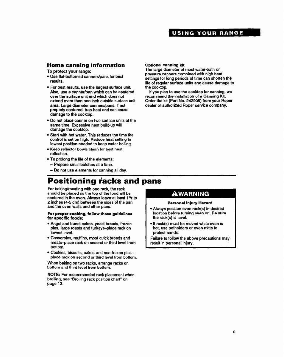 Positioning racks and pans, I^warning, Home canning information | Whirlpool FEP320Y User Manual | Page 9 / 28