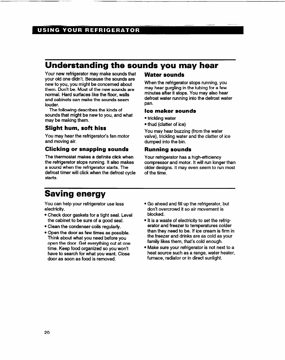 Understanding the sounds you may hear, Saving energy | Whirlpool ED22DL User Manual | Page 20 / 28