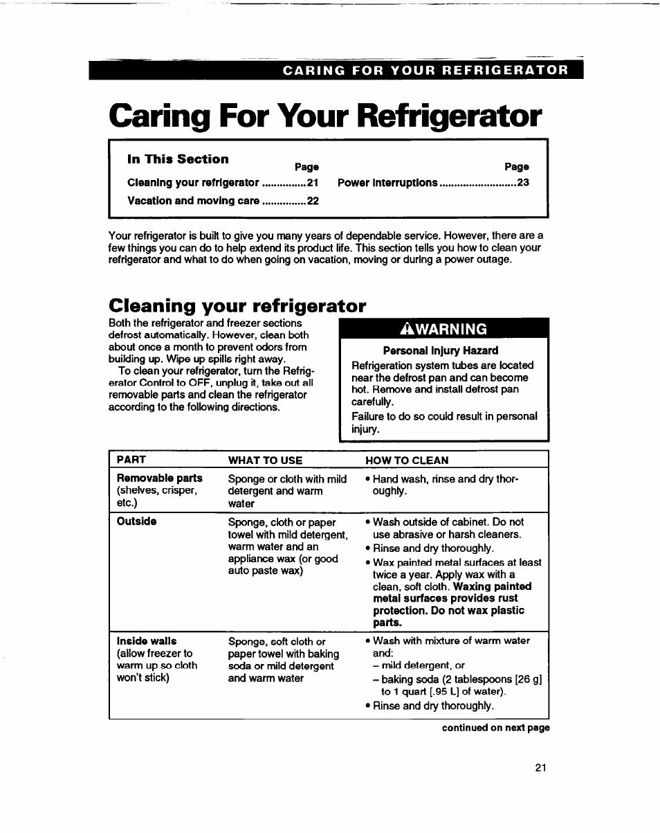 Caring for your refrigerator, Cleaning your refrigerator, Caring for your | Refrigerator | Whirlpool ED22DL User Manual | Page 21 / 28