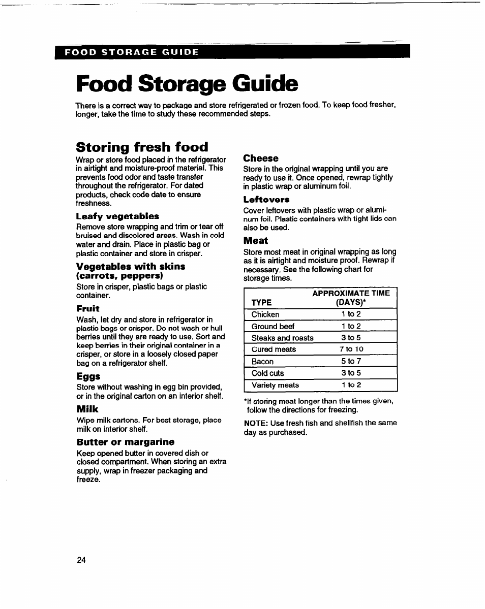 Food storage guide, Storing fresh food, Leafy vegetables | Vegetables with skins (carrots, peppers), Fruit, Eggs, Milk, Butter or margarine, Cheese, Leftovers | Whirlpool ED22DL User Manual | Page 24 / 28