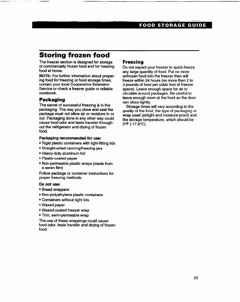 Storing frozen food, Packaging, Freezing | Whirlpool ED22DL User Manual | Page 25 / 28