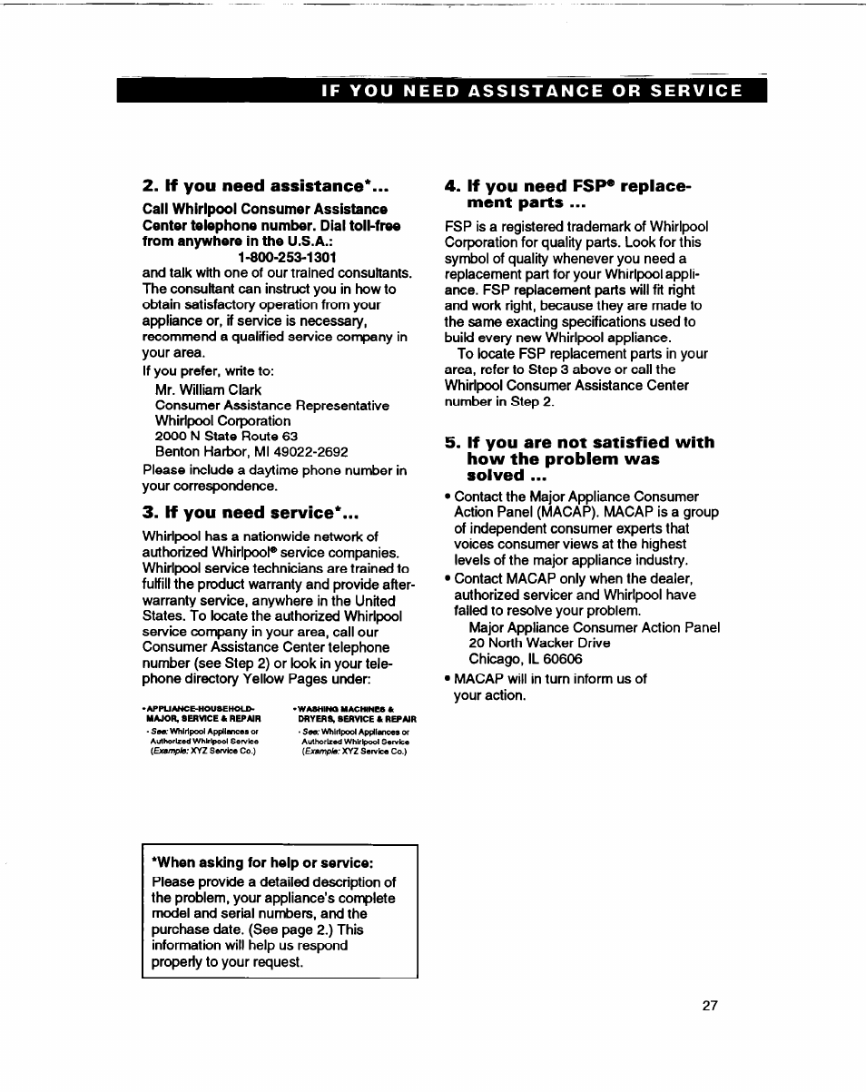 If you need assistance, If you need service, If you need fsp* replacement parts | If you need fsp* replace­ ment parts | Whirlpool ED22DL User Manual | Page 27 / 28