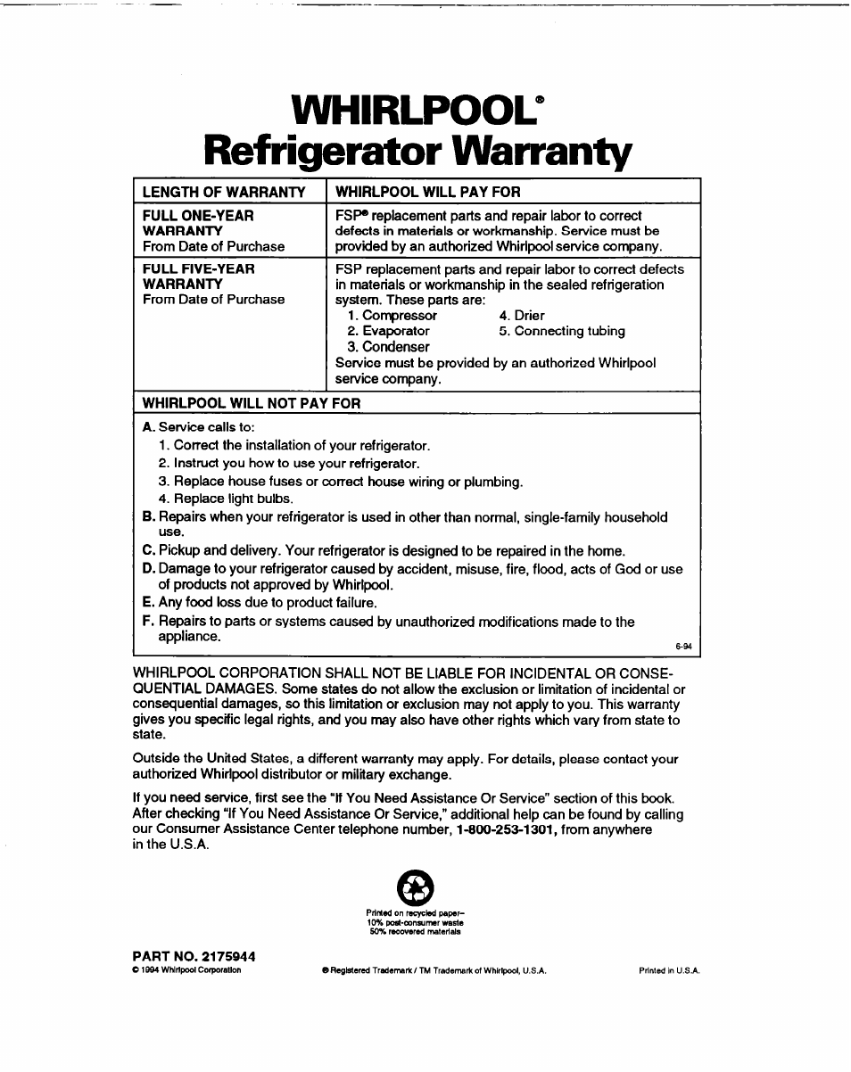 Whirlpool' refrigerator warranty | Whirlpool ED22DL User Manual | Page 28 / 28