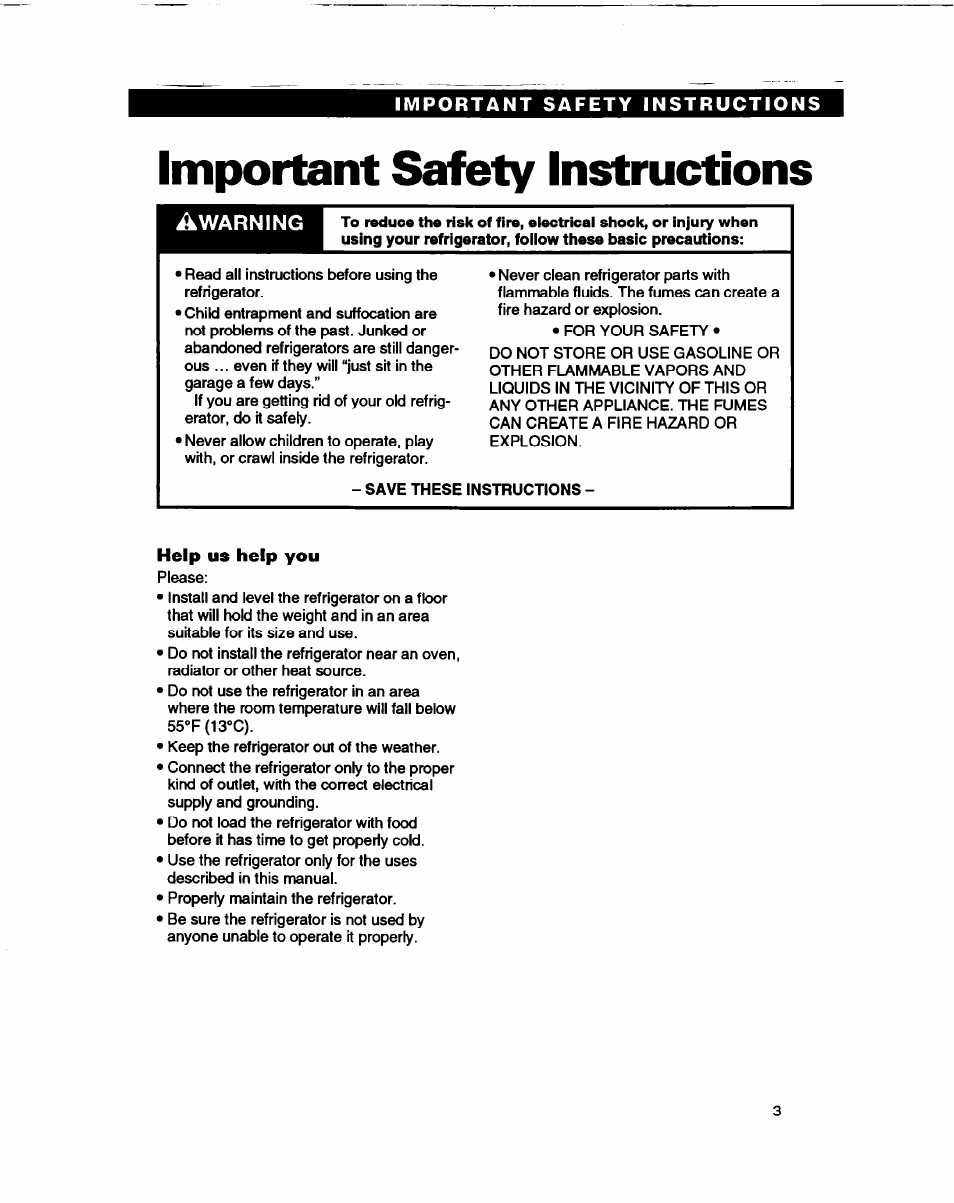 Important saféty instructions, Important safety instructions | Whirlpool ED22DL User Manual | Page 3 / 28