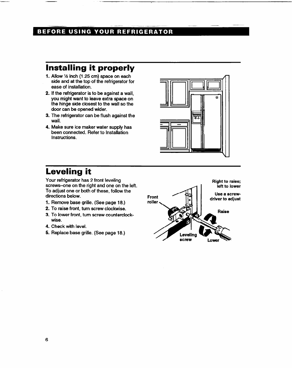 Installing it properly, Leveling it, Installing it properiy | Whirlpool ED22DL User Manual | Page 6 / 28
