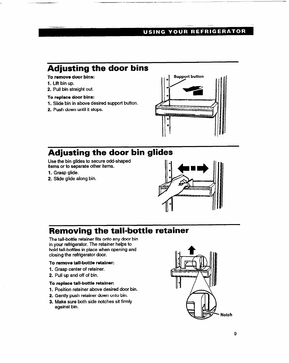 Adjusting the door bins, Adjusting the door bin glides, Removing the tail-bottle retainer | Whirlpool ED22DL User Manual | Page 9 / 28