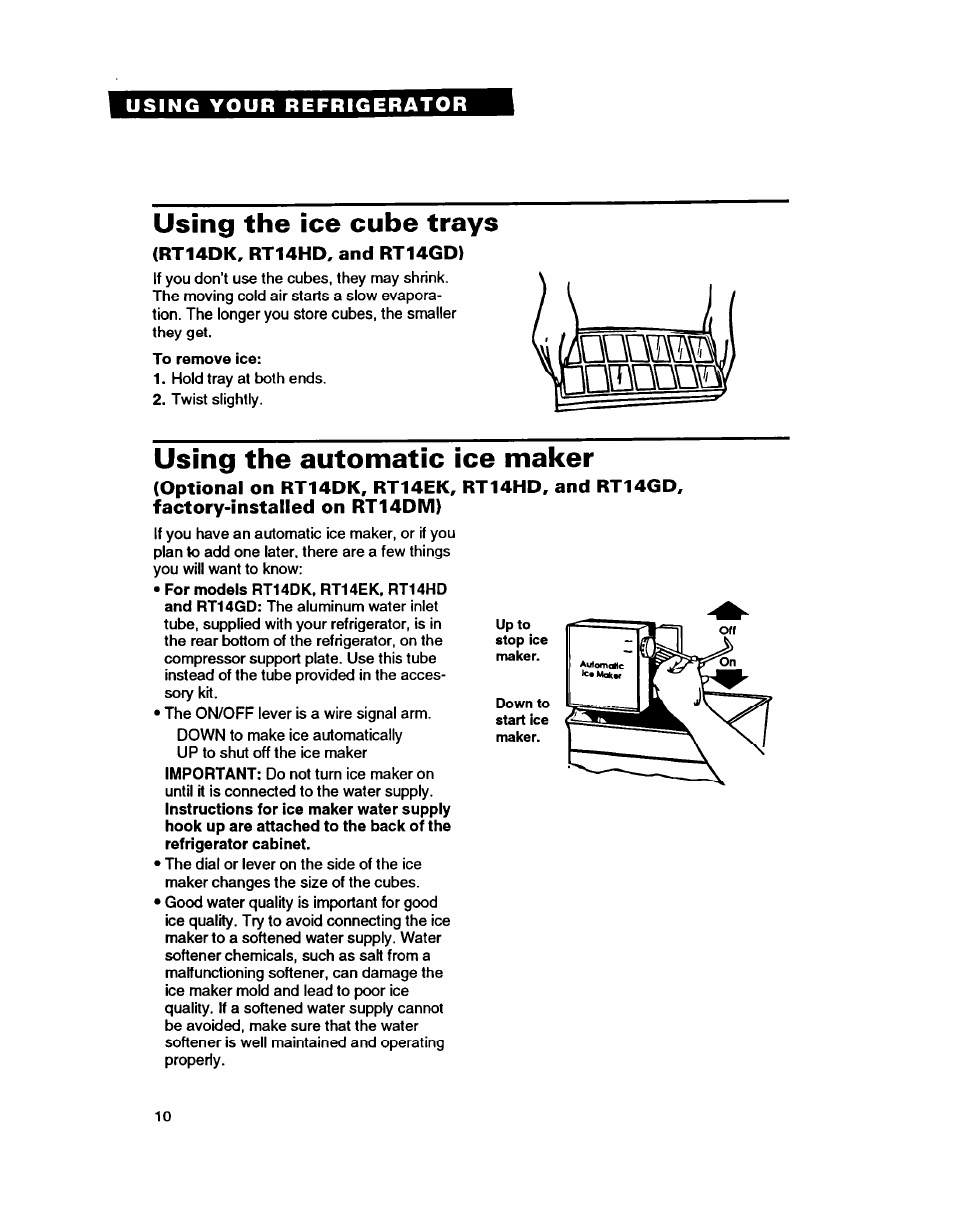 Using the ice cube trays, Rt14dk, rt14hd, and rt14gd), Using the automatic ice maker | Whirlpool RT14GD User Manual | Page 10 / 20