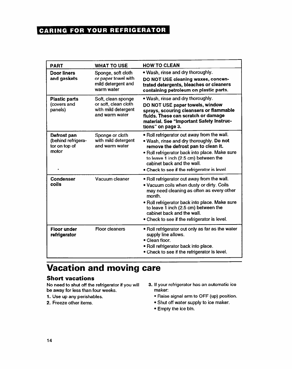 Vacation and moving care, Short vacations | Whirlpool RT14GD User Manual | Page 14 / 20