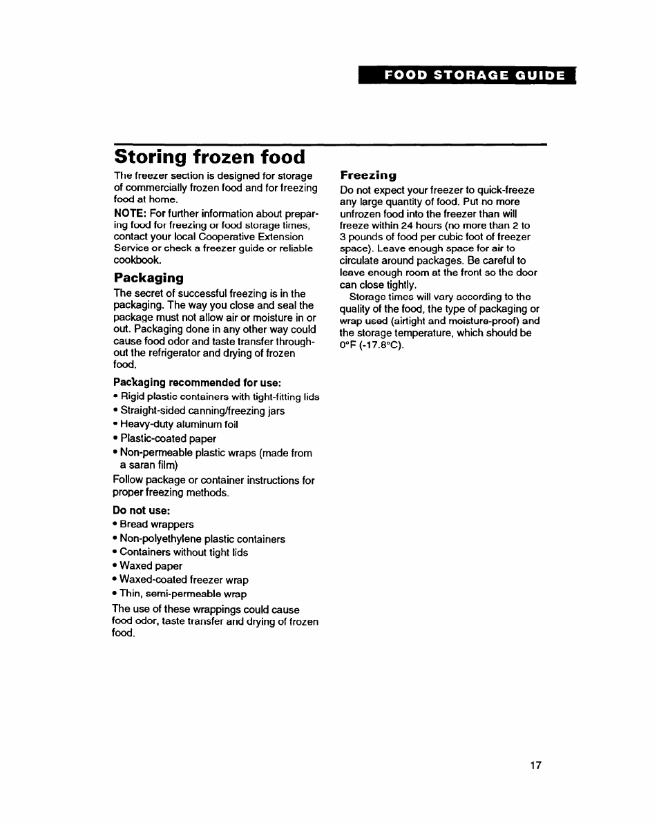 Storing frozen food, Packaging | Whirlpool RT14GD User Manual | Page 17 / 20