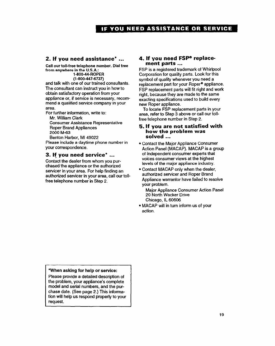If you need assistance, If you need service, If you need fsp* replacement parts | Whirlpool RT14GD User Manual | Page 19 / 20