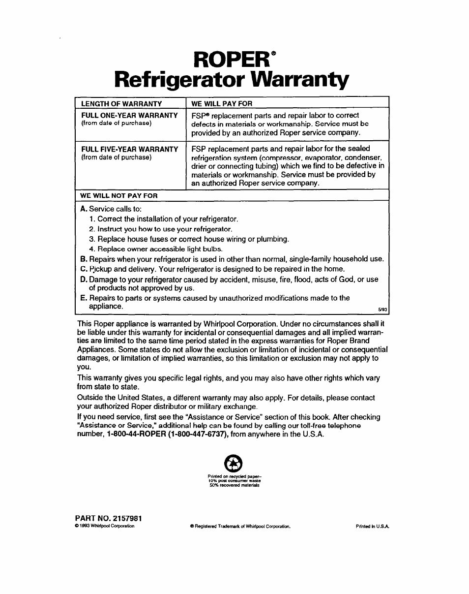 Roper, Refrigerator warranty, Roper* refrigerator warranty | Whirlpool RT14GD User Manual | Page 20 / 20