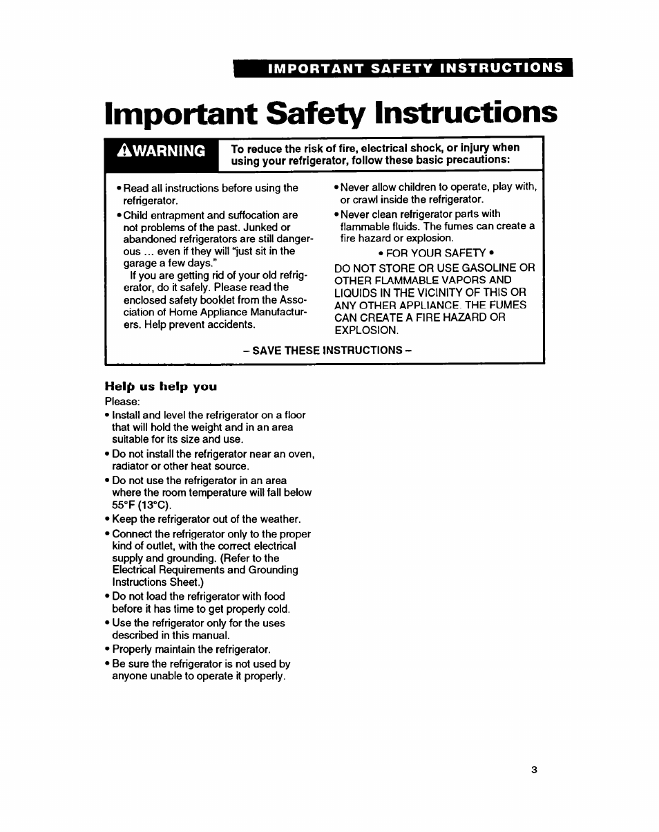 Important safety instructions, Helf» us help you | Whirlpool RT14GD User Manual | Page 3 / 20