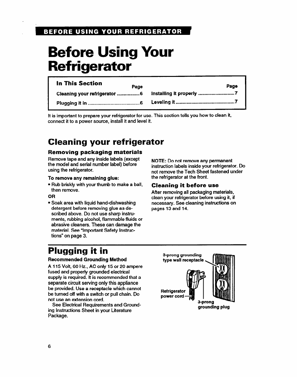 Before using your refrigerator, Cleaning your refrigerator, Removing packaging materials | Cleaning it before use, Plugging it in | Whirlpool RT14GD User Manual | Page 6 / 20