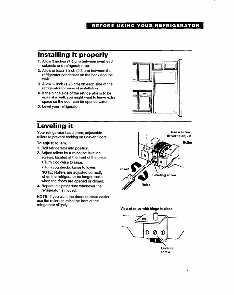 Installing it properly, Leveling it | Whirlpool RT14GD User Manual | Page 7 / 20