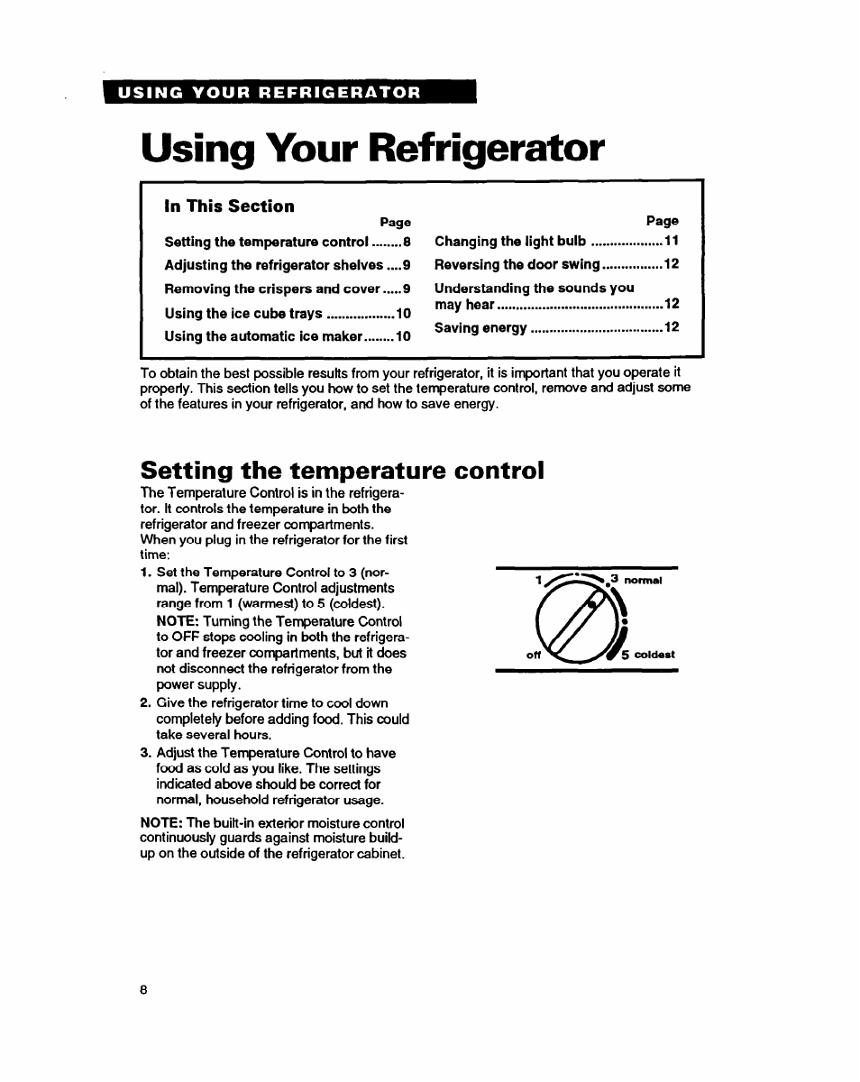 Using your refrigerator, Setting the temperature control | Whirlpool RT14GD User Manual | Page 8 / 20