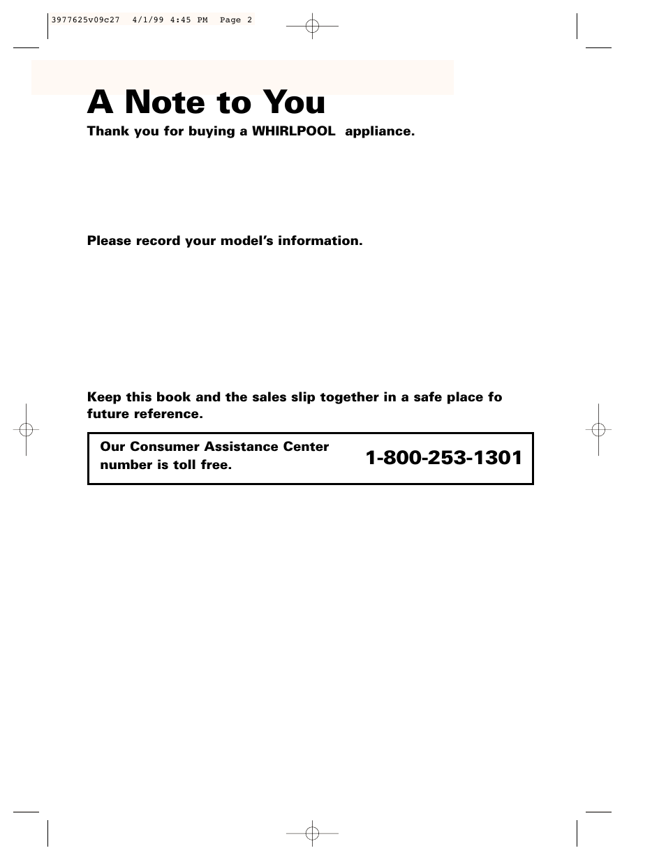 A note to you | Whirlpool 240-volt User Manual | Page 2 / 33