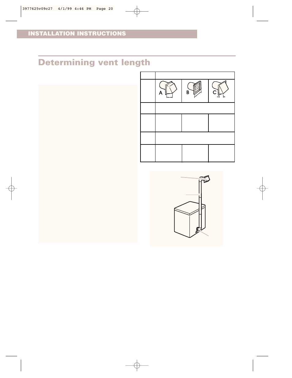 Determining vent length, Installation instructions | Whirlpool 240-volt User Manual | Page 20 / 33