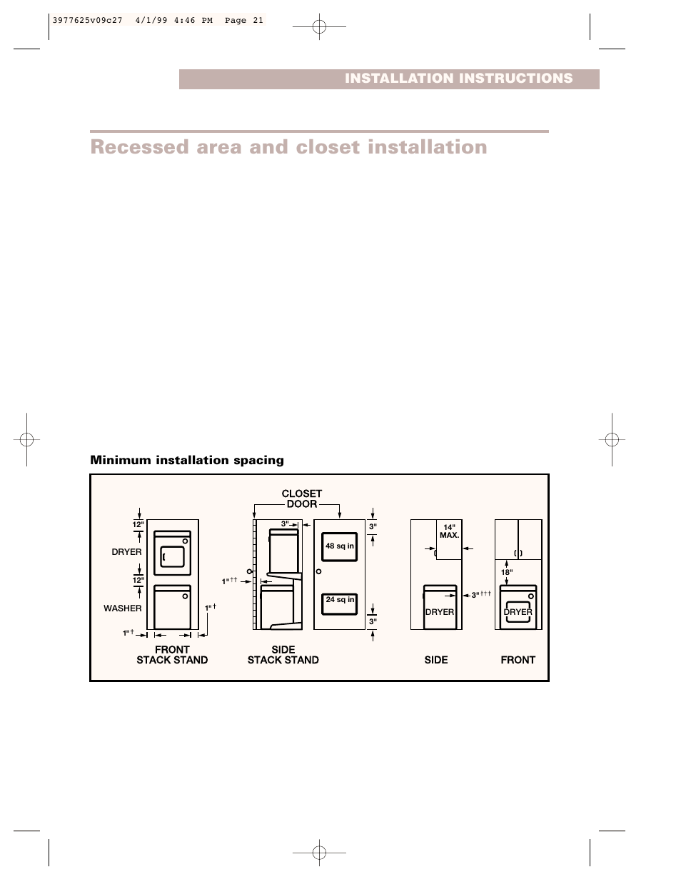 Recessed area and closet installation, Warning, Installation instructions | Minimum installation spacing | Whirlpool 240-volt User Manual | Page 21 / 33