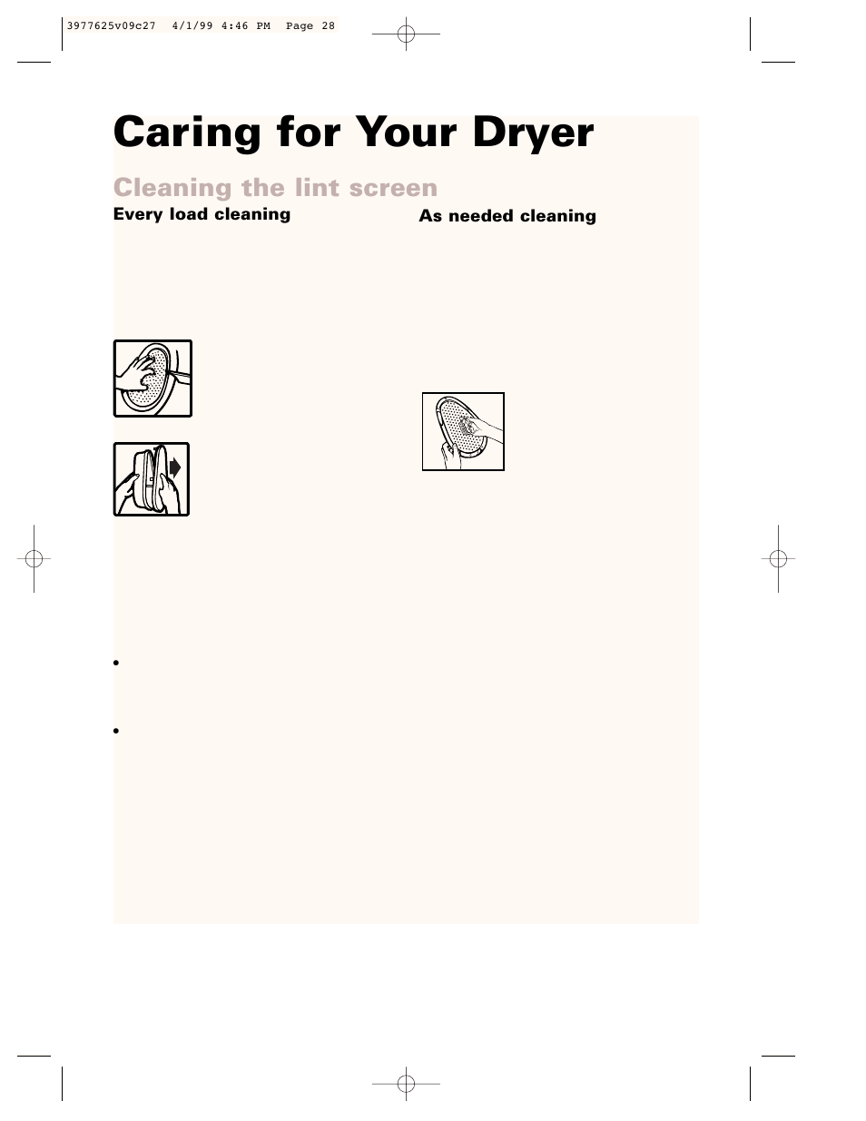 Caring for your dryer, Cleaning the lint screen | Whirlpool 240-volt User Manual | Page 28 / 33