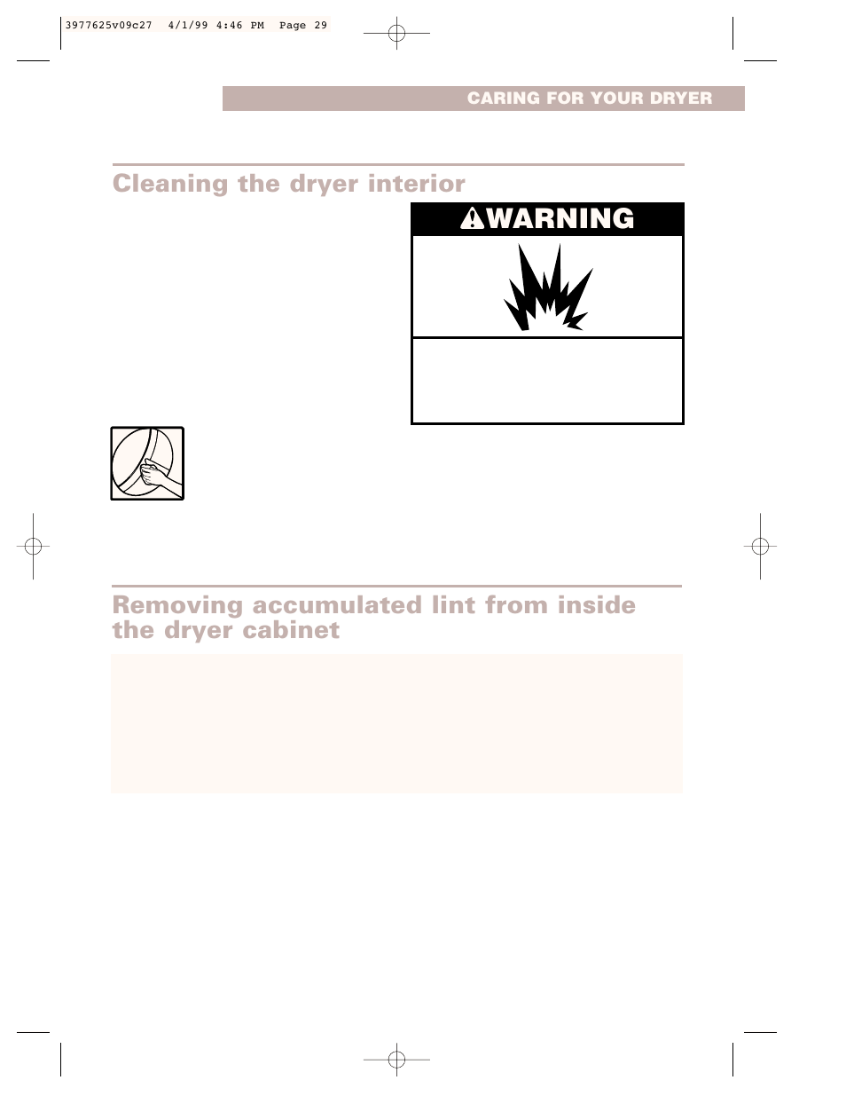Warning, Cleaning the dryer interior | Whirlpool 240-volt User Manual | Page 29 / 33