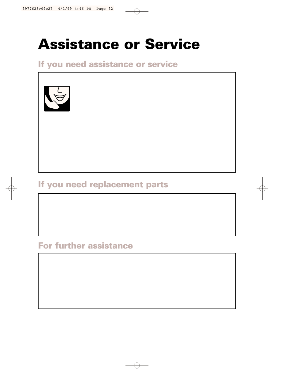 Assistance or service, If you need assistance or service, For further assistance | If you need replacement parts | Whirlpool 240-volt User Manual | Page 32 / 33