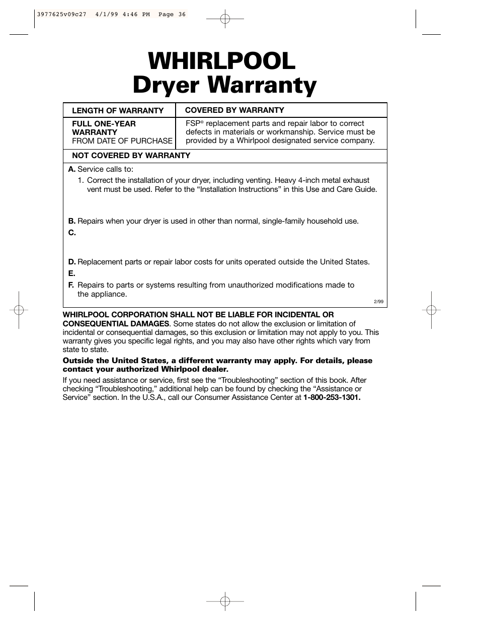 Warranty, Whirlpool, Dryer warranty | Whirlpool 240-volt User Manual | Page 33 / 33