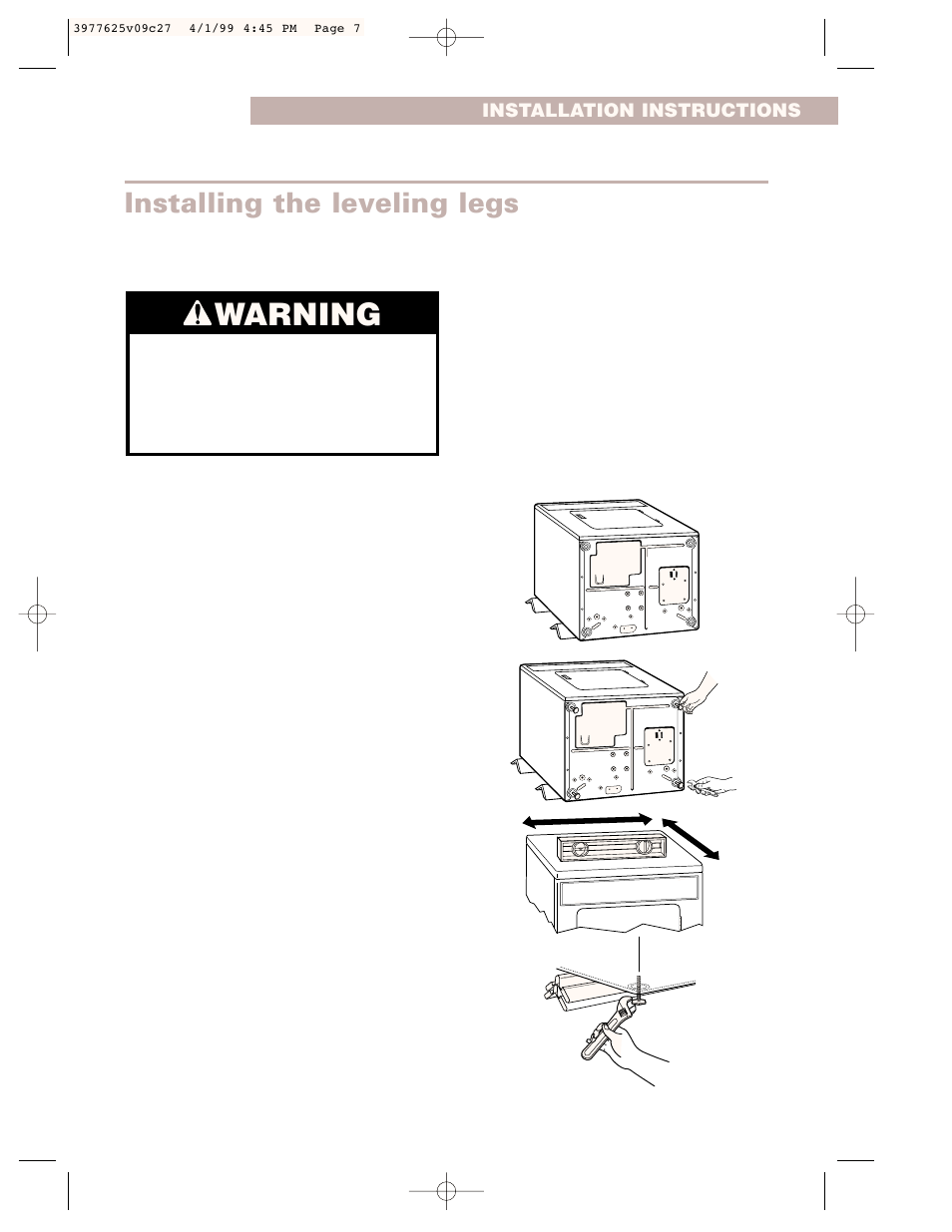 Installing the leveling legs, Warning | Whirlpool 240-volt User Manual | Page 7 / 33