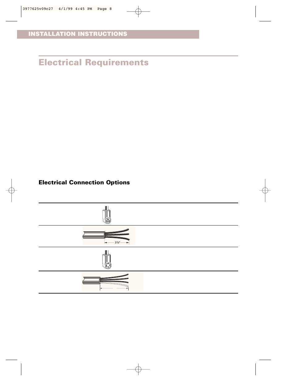 Electrical requirements, Installation instructions, Electrical connection options | Whirlpool 240-volt User Manual | Page 8 / 33