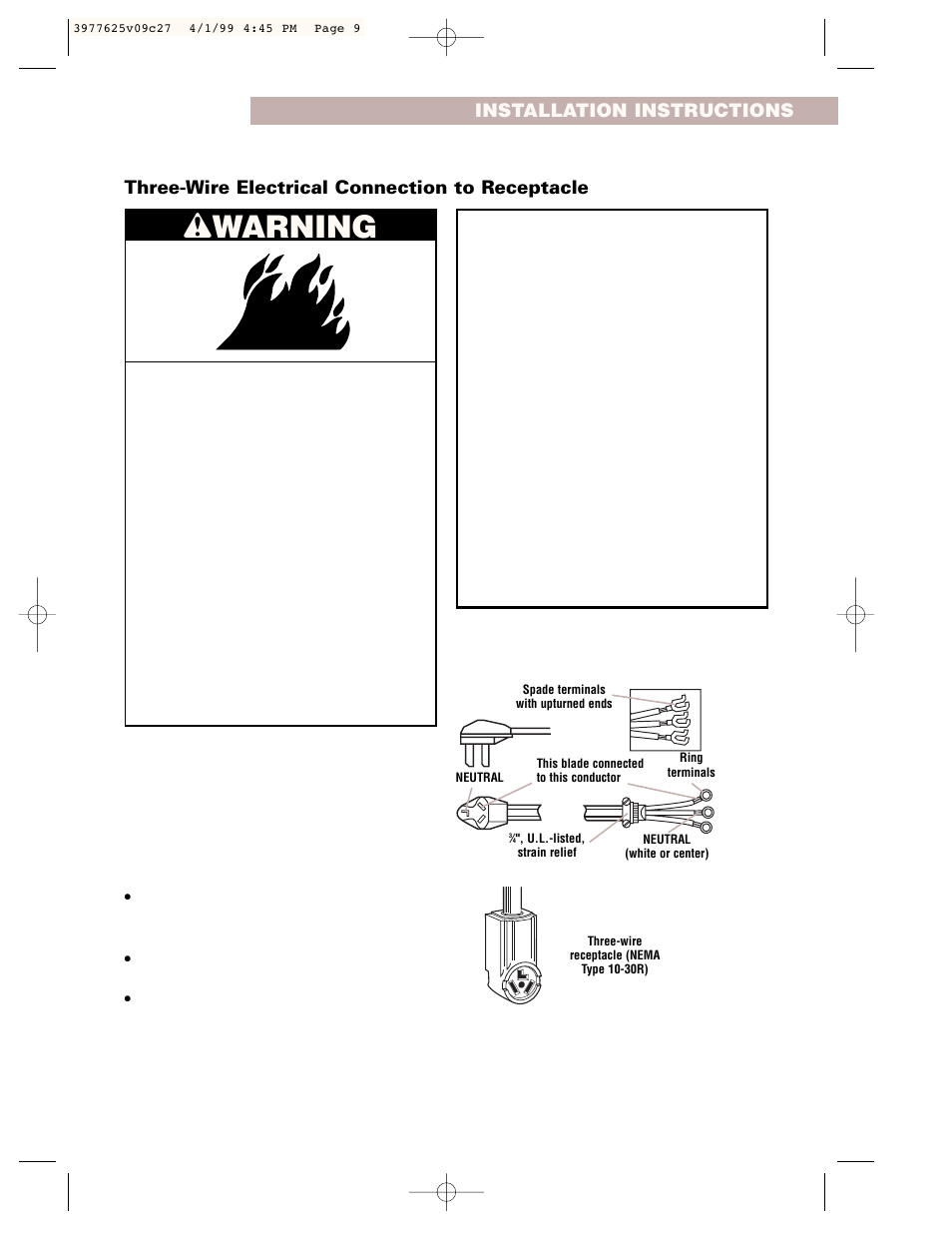 Wwarning, Warning | Whirlpool 240-volt User Manual | Page 9 / 33