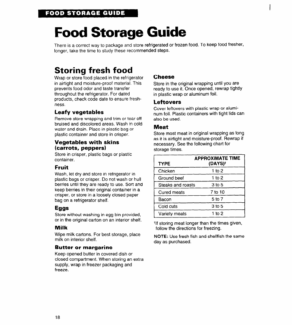 Food storage guide, Leafy vegetables, Vegetables with skins (carrots, peppers) | Fruit, Eggs, Milk, Butter or margarine, Cheese, Leftovers, Meat | Whirlpool 4ED20ZK User Manual | Page 18 / 22