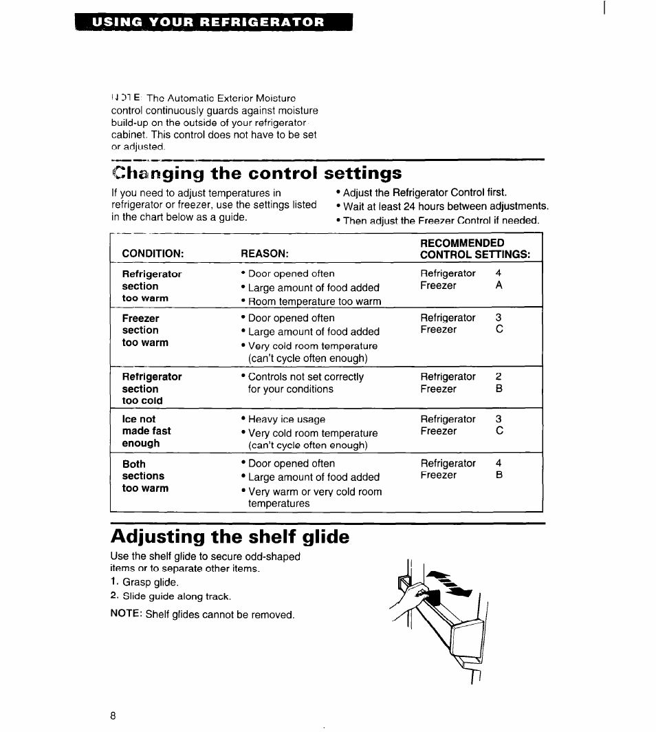 Hanging the control settings, Adjusting the shelf glide | Whirlpool 4ED20ZK User Manual | Page 8 / 22