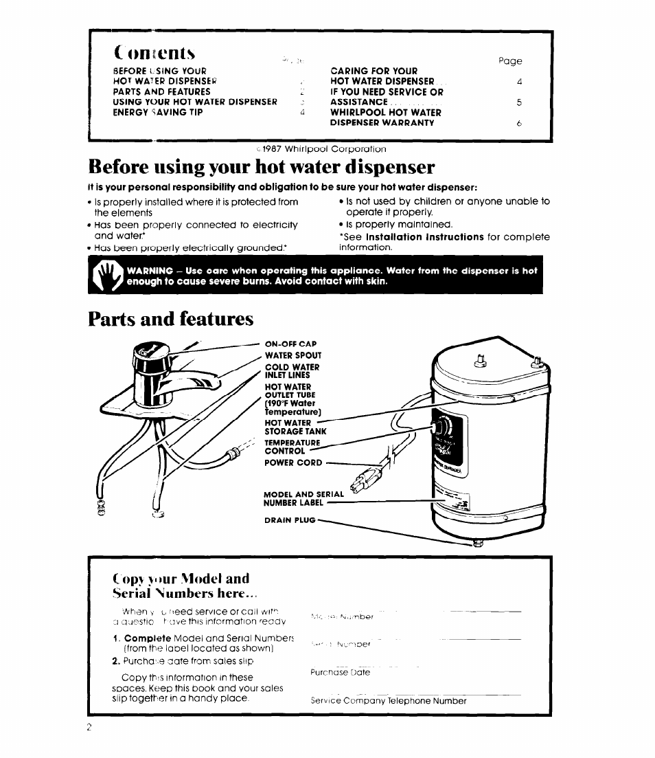 Before using your hot water dispenser, Parts and features, Opy your model and serial numbers here | Whirlpool HDIOOOXS User Manual | Page 2 / 6