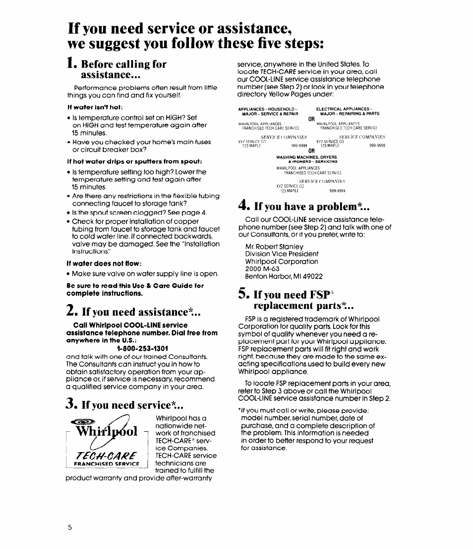 Before calling for assistance, If you need assistance, If you need serviee | If you have a problem"t, If you need fsp® replacement parts | Whirlpool HDIOOOXS User Manual | Page 4 / 6