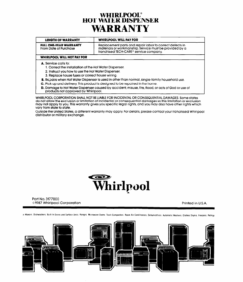 Whirlpool, Warranty, Whirlpool* hot water dispenser | Whirlpool HDIOOOXS User Manual | Page 6 / 6