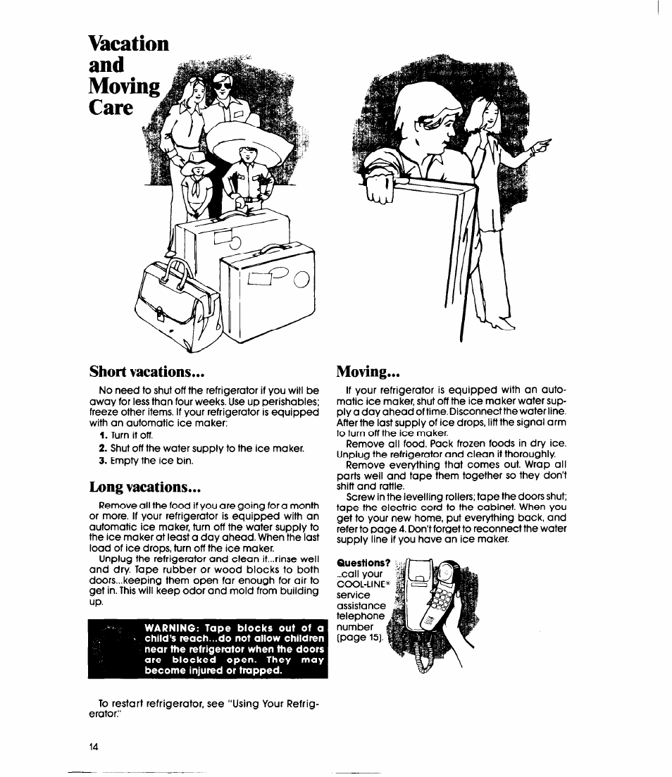 Vacation and moving care, Short vacations, Long vacations | Moving | Whirlpool EBI9MK User Manual | Page 14 / 16