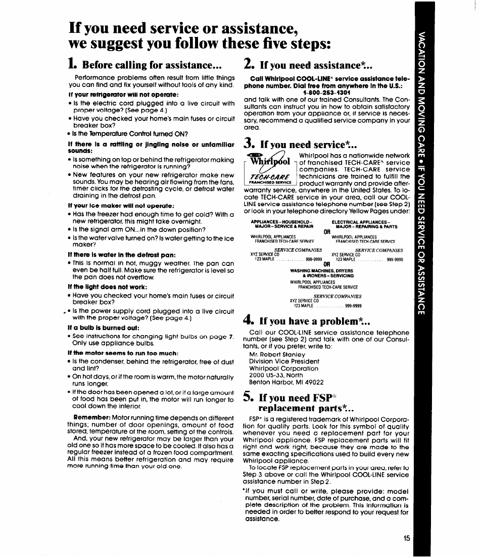 If you need service, If you have a problem, If you need fsp®' replaeement parts | Whirlpool EBI9MK User Manual | Page 15 / 16