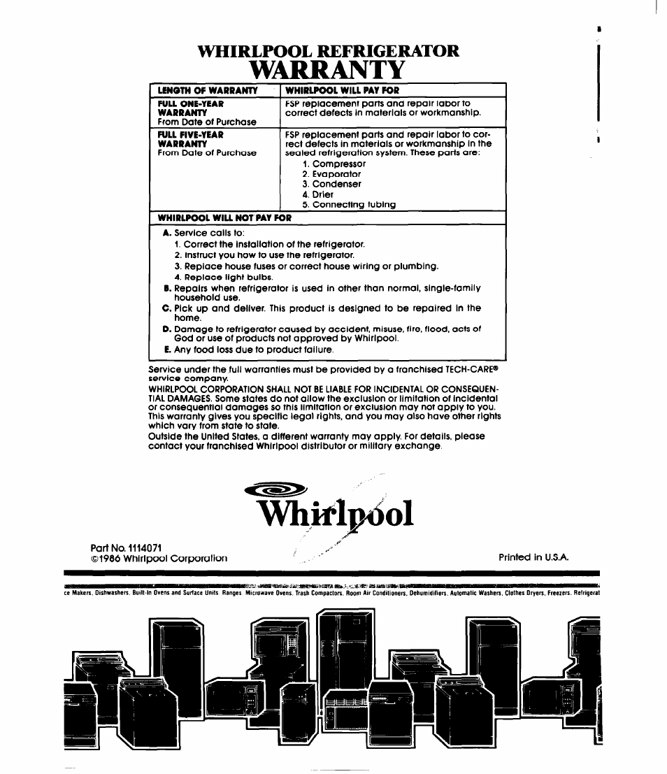 Warranty, Whirlpool refrigerator | Whirlpool EBI9MK User Manual | Page 16 / 16