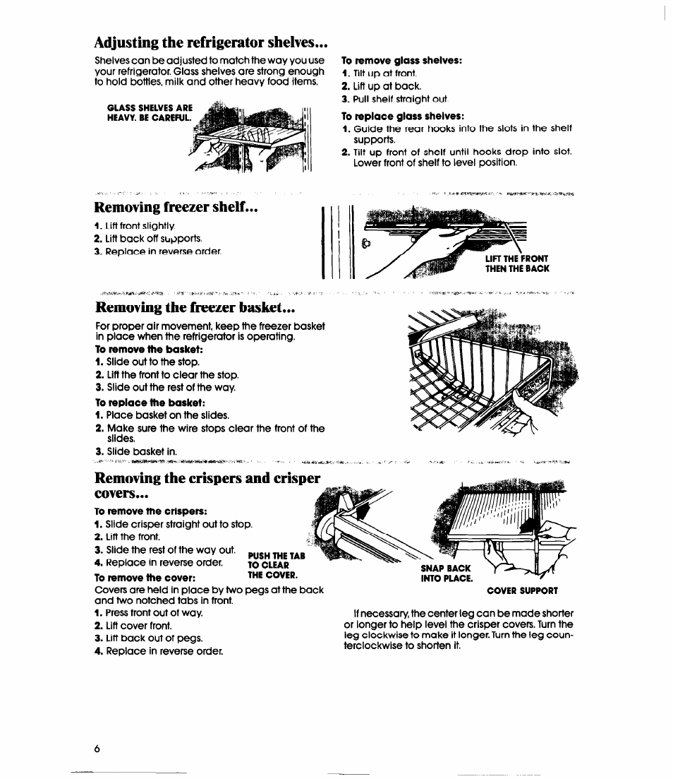 To remove glass shelves, Adjusting the refrigerator shelves, Removing freezer shelf | Removing the freezer basket, Removing the crispers and crisper covers | Whirlpool EBI9MK User Manual | Page 6 / 16