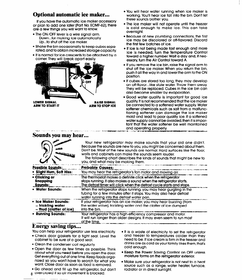 Optional automatic ice maker, Sounds you may hear, Energy saving tips | Whirlpool EBI9MK User Manual | Page 8 / 16