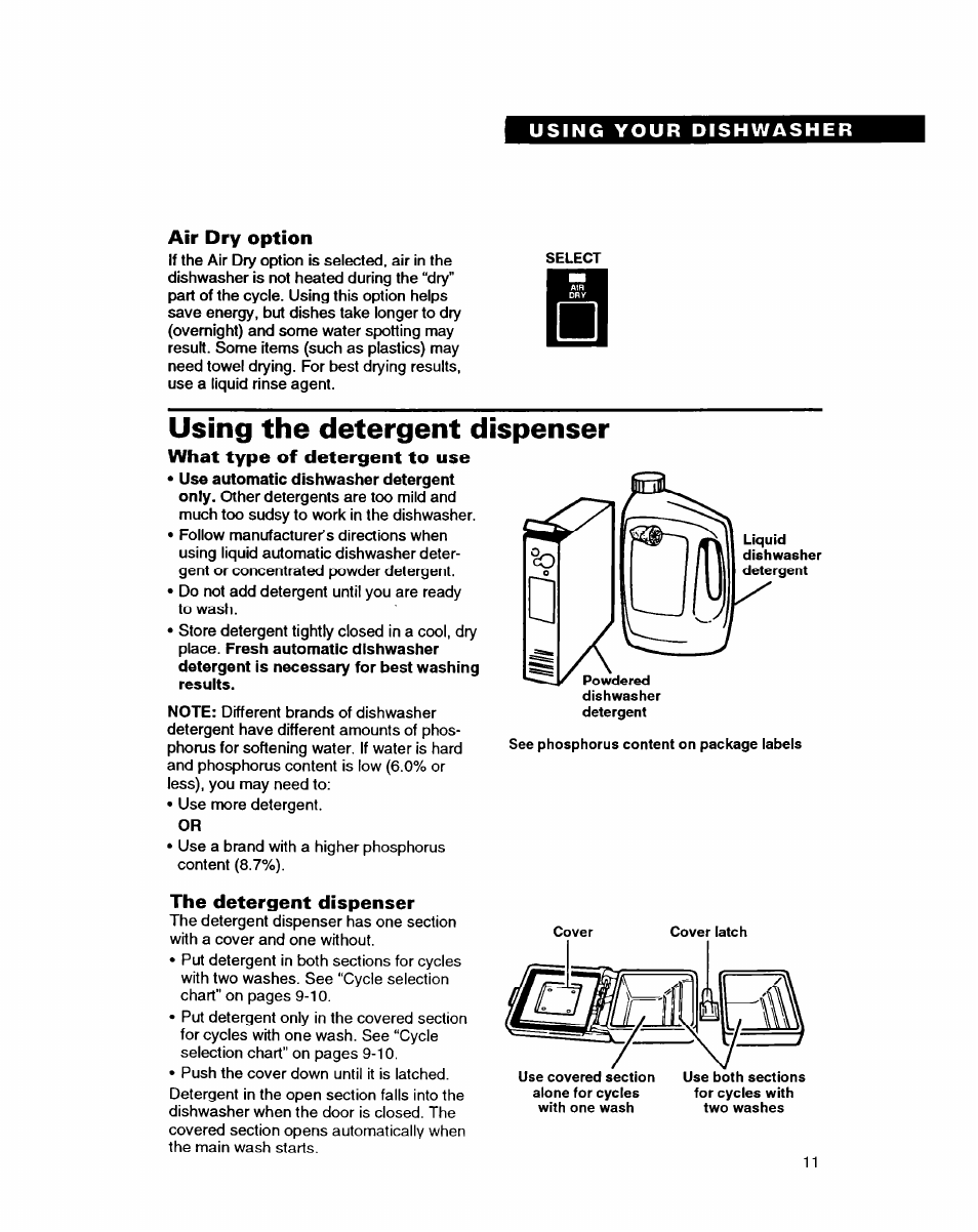 Air dry option, What type of detergent to use, The detergent dispenser | Using the detergent dispenser | Whirlpool DISHWASHERS User Manual | Page 11 / 29