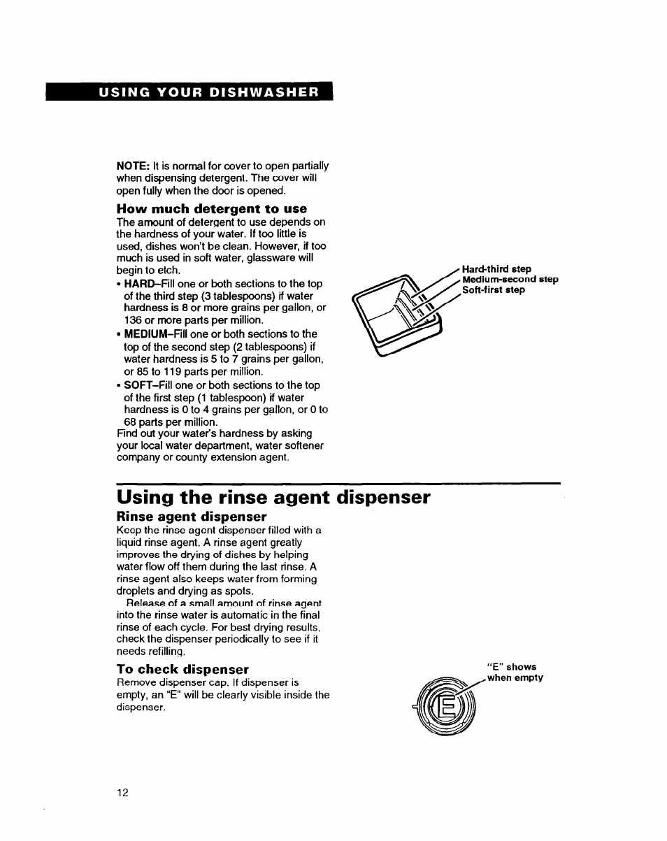 How much detergent to use, Rinse agent dispenser, To check dispenser | Using the rinse agent dispenser | Whirlpool DISHWASHERS User Manual | Page 12 / 29